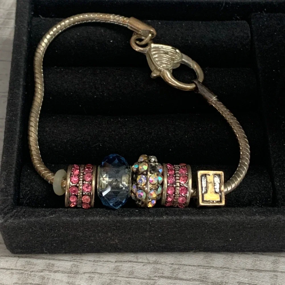 Gold Tone Snake Chain Bracelet Pink Blue Rhinestone Crystal Charms 7 Inch